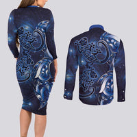 New Zealand Gecko Maori Art Tattoo Couples Matching Long Sleeve Bodycon Dress and Long Sleeve Button Shirt Matariki Mode LT03 - Polynesian Pride
