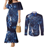 New Zealand Gecko Maori Art Tattoo Couples Matching Mermaid Dress and Long Sleeve Button Shirt Matariki Mode LT03 Blue - Polynesian Pride