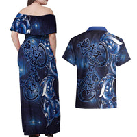 New Zealand Gecko Maori Art Tattoo Couples Matching Off Shoulder Maxi Dress and Hawaiian Shirt Matariki Mode LT03 - Polynesian Pride