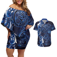 New Zealand Gecko Maori Art Tattoo Couples Matching Off Shoulder Short Dress and Hawaiian Shirt Matariki Mode LT03 Blue - Polynesian Pride