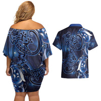 New Zealand Gecko Maori Art Tattoo Couples Matching Off Shoulder Short Dress and Hawaiian Shirt Matariki Mode LT03 - Polynesian Pride