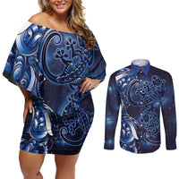 New Zealand Gecko Maori Art Tattoo Couples Matching Off Shoulder Short Dress and Long Sleeve Button Shirt Matariki Mode