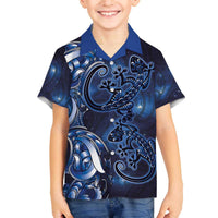 New Zealand Gecko Maori Art Tattoo Family Matching Off The Shoulder Long Sleeve Dress and Hawaiian Shirt Matariki Mode LT03 Son's Shirt Blue - Polynesian Pride