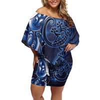 New Zealand Gecko Maori Art Tattoo Family Matching Off Shoulder Short Dress and Hawaiian Shirt Matariki Mode LT03 Mom's Dress Blue - Polynesian Pride