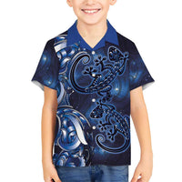 New Zealand Gecko Maori Art Tattoo Family Matching Short Sleeve Bodycon Dress and Hawaiian Shirt Matariki Mode LT03 Son's Shirt Blue - Polynesian Pride