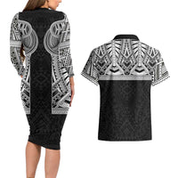 Samoan Traditional Art Tattoos Couples Matching Long Sleeve Bodycon Dress and Hawaiian Shirt Tatau Tribal Motifs with Ula Fala Black LT03 - Polynesian Pride
