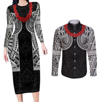 Samoan Traditional Art Tattoos Couples Matching Long Sleeve Bodycon Dress and Long Sleeve Button Shirt Tatau Tribal Motifs with Ula Fala Black LT03 Black - Polynesian Pride