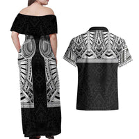 Samoan Traditional Art Tattoos Couples Matching Off Shoulder Maxi Dress and Hawaiian Shirt Tatau Tribal Motifs with Ula Fala Black LT03 - Polynesian Pride