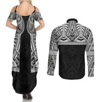 Samoan Traditional Art Tattoos Couples Matching Summer Maxi Dress and Long Sleeve Button Shirt Tatau Tribal Motifs with Ula Fala Black LT03 - Polynesian Pride