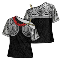 Samoan Traditional Art Tattoos Cross Shoulder Shirt Tatau Tribal Motifs with Ula Fala Black LT03 - Polynesian Pride