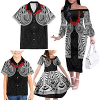 Samoan Traditional Art Tattoos Family Matching Off The Shoulder Long Sleeve Dress and Hawaiian Shirt Tatau Tribal Motifs with Ula Fala Black LT03 - Polynesian Pride