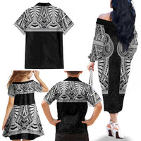 Samoan Traditional Art Tattoos Family Matching Off The Shoulder Long Sleeve Dress and Hawaiian Shirt Tatau Tribal Motifs with Ula Fala Black LT03 - Polynesian Pride