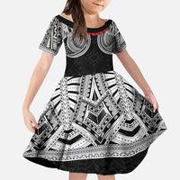 Samoan Traditional Art Tattoos Family Matching Off Shoulder Short Dress and Hawaiian Shirt Tatau Tribal Motifs with Ula Fala Black LT03 Daughter's Dress Black - Polynesian Pride