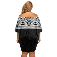 Samoan Traditional Art Tattoos Family Matching Off Shoulder Short Dress and Hawaiian Shirt Tatau Tribal Motifs with Ula Fala Black LT03 - Polynesian Pride