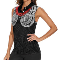 Samoan Traditional Art Tattoos Women Sleeveless Polo Shirt Tatau Tribal Motifs with Ula Fala Black LT03 - Polynesian Pride