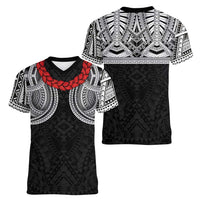 Samoan Traditional Art Tattoos Women V-Neck T-Shirt Tatau Tribal Motifs with Ula Fala Black LT03 - Polynesian Pride