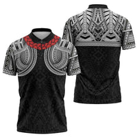 Samoan Traditional Art Tattoos Zipper Polo Shirt Tatau Tribal Motifs with Ula Fala Black LT03 - Polynesian Pride
