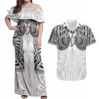Samoan Traditional Art Tattoos Couples Matching Off Shoulder Maxi Dress and Hawaiian Shirt Tatau Tribal Motifs with Ula Nifo White LT03 White - Polynesian Pride
