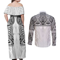 Samoan Traditional Art Tattoos Couples Matching Off Shoulder Maxi Dress and Long Sleeve Button Shirt Tatau Tribal Motifs with Ula Nifo White LT03 - Polynesian Pride