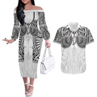 Samoan Traditional Art Tattoos Couples Matching Off The Shoulder Long Sleeve Dress and Hawaiian Shirt Tatau Tribal Motifs with Ula Nifo White LT03 White - Polynesian Pride