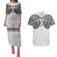 Samoan Traditional Art Tattoos Couples Matching Puletasi and Hawaiian Shirt Tatau Tribal Motifs with Ula Nifo White LT03 White - Polynesian Pride