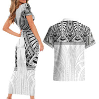 Samoan Traditional Art Tattoos Couples Matching Short Sleeve Bodycon Dress and Hawaiian Shirt Tatau Tribal Motifs with Ula Nifo White LT03 - Polynesian Pride