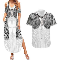 Samoan Traditional Art Tattoos Couples Matching Summer Maxi Dress and Hawaiian Shirt Tatau Tribal Motifs with Ula Nifo White LT03 White - Polynesian Pride