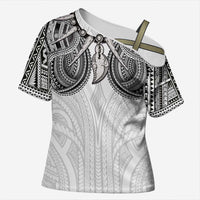Samoan Traditional Art Tattoos Cross Shoulder Shirt Tatau Tribal Motifs with Ula Nifo White - Polynesian Pride