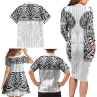 Samoan Traditional Art Tattoos Family Matching Long Sleeve Bodycon Dress and Hawaiian Shirt Tatau Tribal Motifs with Ula Nifo White LT03 - Polynesian Pride