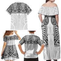 Samoan Traditional Art Tattoos Family Matching Off Shoulder Maxi Dress and Hawaiian Shirt Tatau Tribal Motifs with Ula Nifo White LT03 - Polynesian Pride
