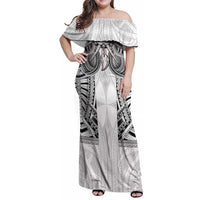 Samoan Traditional Art Tattoos Family Matching Off Shoulder Maxi Dress and Hawaiian Shirt Tatau Tribal Motifs with Ula Nifo White LT03 Mom's Dress White - Polynesian Pride