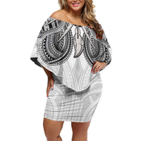 Samoan Traditional Art Tattoos Family Matching Off Shoulder Short Dress and Hawaiian Shirt Tatau Tribal Motifs with Ula Nifo White LT03 Mom's Dress White - Polynesian Pride