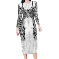 Samoan Traditional Art Tattoos Long Sleeve Bodycon Dress Tatau Tribal Motifs with Ula Nifo White LT03 Long Dress White - Polynesian Pride