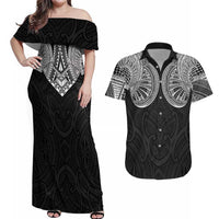 Samoan Traditional Art Tattoos Couples Matching Off Shoulder Maxi Dress and Hawaiian Shirt Tatau Roman Reigns Black Color LT03 Black - Polynesian Pride
