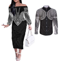 Samoan Traditional Art Tattoos Couples Matching Off The Shoulder Long Sleeve Dress and Long Sleeve Button Shirt Tatau Roman Reigns Black Color LT03 Black - Polynesian Pride