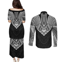Samoan Traditional Art Tattoos Couples Matching Puletasi and Long Sleeve Button Shirt Tatau Roman Reigns Black Color LT03 - Polynesian Pride