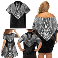Samoan Traditional Art Tattoos Family Matching Off Shoulder Short Dress and Hawaiian Shirt Tatau Roman Reigns Black Color LT03 - Polynesian Pride