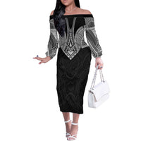 Samoan Traditional Art Tattoos Off The Shoulder Long Sleeve Dress Tatau Roman Reigns Black Color LT03 Women Black - Polynesian Pride