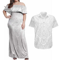 Samoan Traditional Art Tattoos Couples Matching Off Shoulder Maxi Dress and Hawaiian Shirt Tatau Roman Reigns White Color LT03 White - Polynesian Pride