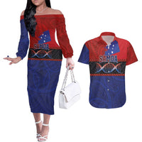 Personalised Samoan DNA-Proud of Samoa Couples Matching Off The Shoulder Long Sleeve Dress and Hawaiian Shirt Polynesian Patterns - Polynesian Pride