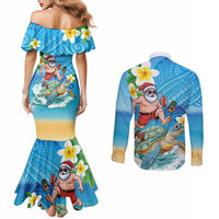 Polynesian Merry Christmas Couples Matching Mermaid Dress and Long Sleeve Button Shirt Funny Santa with Sea Turtle Beach Plumeria LT03 - Polynesian Pride