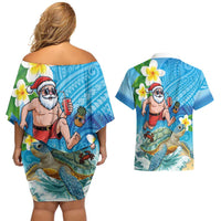 Polynesian Merry Christmas Couples Matching Off Shoulder Short Dress and Hawaiian Shirt Funny Santa with Sea Turtle Beach Plumeria LT03 - Polynesian Pride