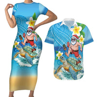 Polynesian Merry Christmas Couples Matching Short Sleeve Bodycon Dress and Hawaiian Shirt Funny Santa with Sea Turtle Beach Plumeria LT03 Multicolor - Polynesian Pride