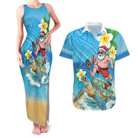 Polynesian Merry Christmas Couples Matching Tank Maxi Dress and Hawaiian Shirt Funny Santa with Sea Turtle Beach Plumeria LT03 Multicolor - Polynesian Pride