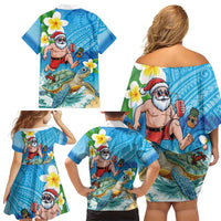 Polynesian Merry Christmas Family Matching Off Shoulder Short Dress and Hawaiian Shirt Funny Santa with Sea Turtle Beach Plumeria LT03 - Polynesian Pride