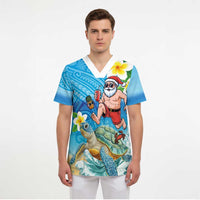 Polynesian Merry Christmas Scrub Top Funny Santa with Sea Turtle Beach Plumeria LT03 - Polynesian Pride