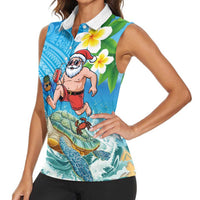 Polynesian Merry Christmas Women Sleeveless Polo Shirt Funny Santa with Sea Turtle Beach Plumeria LT03 - Polynesian Pride