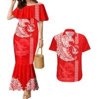 Hawaii Kalani High School Couples Matching Mermaid Dress and Hawaiian Shirt Tribal Kakau Pattern LT03 Red - Polynesian Pride