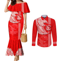 Hawaii Kalani High School Couples Matching Mermaid Dress and Long Sleeve Button Shirt Tribal Kakau Pattern LT03 Red - Polynesian Pride