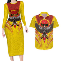 American Samoa Fautasi Race Couples Matching Long Sleeve Bodycon Dress and Hawaiian Shirt Pago Pago-Aeto Samoan Tattoo and Eagle LT03 Yellow - Polynesian Pride